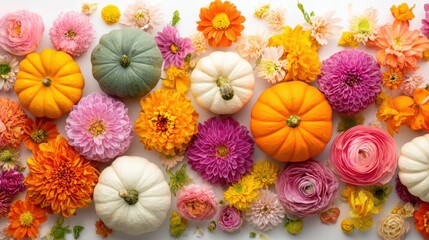 A beautiful arrangement features bright pumpkins among fresh flowers in fall colors.