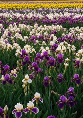 Obraz premium A vibrant landscape scene showcasing a vast field of purple, white, and yellow irises blooming profusely under bright springtime sunlight, sunlight, cultivation, horizontal