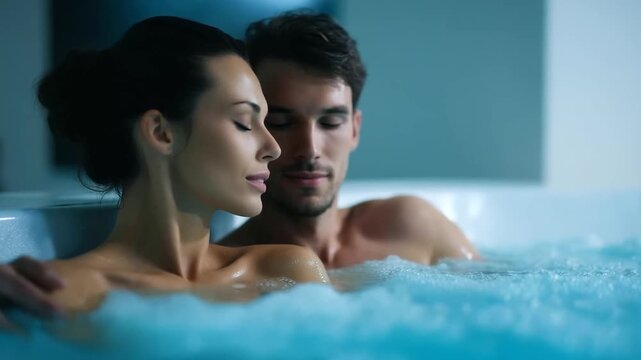 Couple relaxing together in a bubbling jacuzzi spa, romantic wellness atmosphere, warm water massage and steam, indoor luxury spa resort, calm mood, concept of relaxation and self