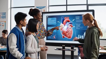 Diverse students and teacher learning human anatomy on interactive screen in bright classroom - Powered by Adobe
