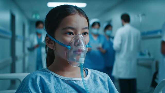 Young girl wearing oxygen mask sits in hospital bed in hallway with medical professionals blurred in background