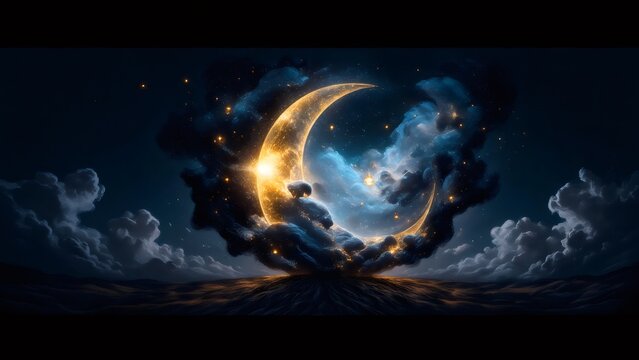 Crescent moon illuminating night sky with clouds and stars - Powered by Adobe