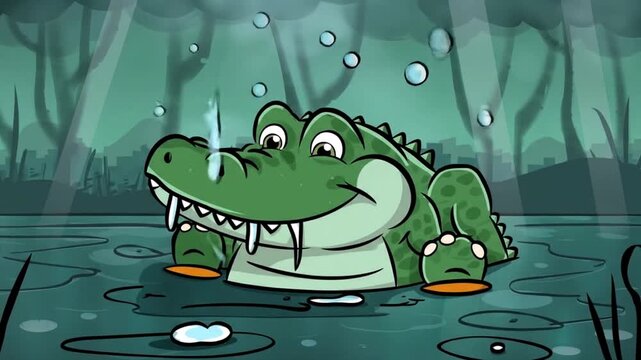 Happy Green Cartoon Alligator Relaxing in a Murky Swamp Pond.