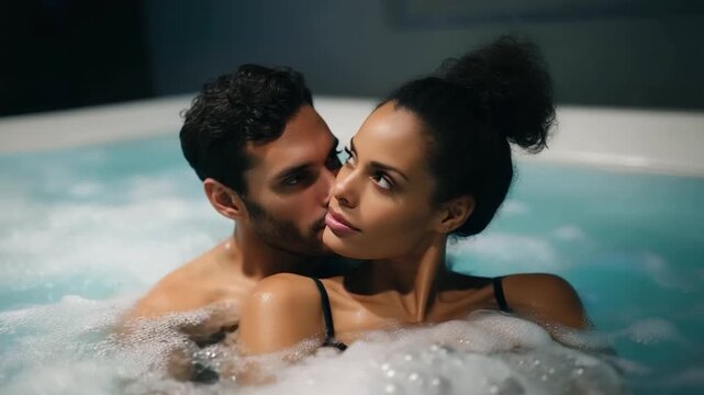 Man and woman enjoying hydro massage in a modern jacuzzi, romantic moment surrounded by bubbling water