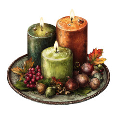 Three candles, various autumnal colors, sit on a rustic plate, surrounded by fall foliage and berries