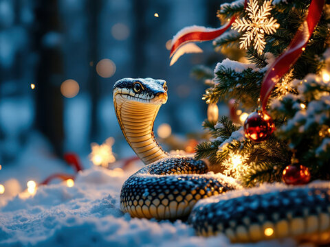 Close-up image of a yellow ball python coiled around a Christmas tree in a snowy outdoor evening setting - AI-Generated
