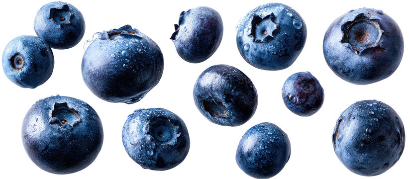 Close-up of many fresh blueberries, various angles, vibrant dark blue hues, wet with droplets