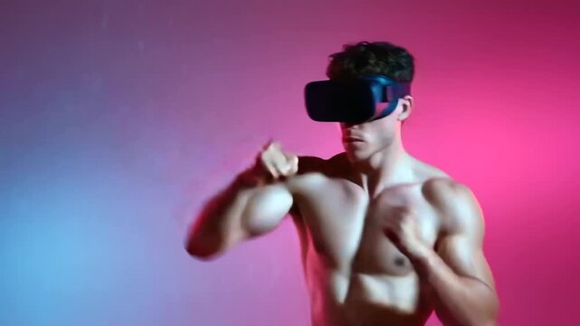 oung man wearing a VR headset immersed in a virtual boxing game, standing against a gradient pink and purple studio background. His focused stance and clenched fists convey realis