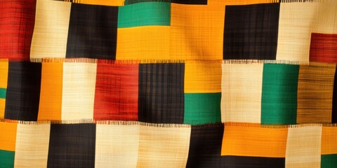 Colorful fabric pattern textile with woven cloth geometric traditional cultural design. Material art block square motif background for creative use. Kente cloth inspired design