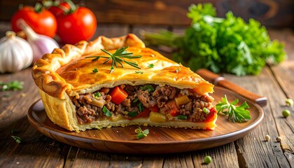 A close-up view of a savory baked pie, sliced to reveal a filling of meat and vegetables on a wooden plate, surrounded by fresh ingredients