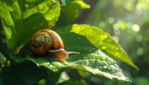 A close-up view of a snail gliding across a vibrant green leaf, illuminated by sunlight filtering through foliage. The shell glistens