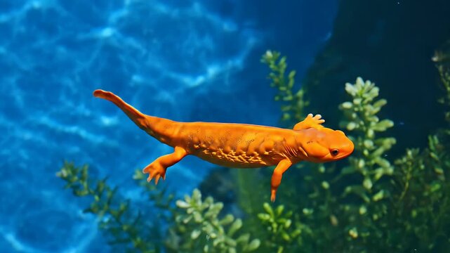 Vibrant orange newt gracefully swims through clear blue aquatic environment with lush green underwater plants