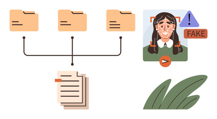 Folder hierarchy connected to documents, face recognition identifying fake content. Ideal for workflow, data, management, authentication, AI, security, content verification simple flat metaphor