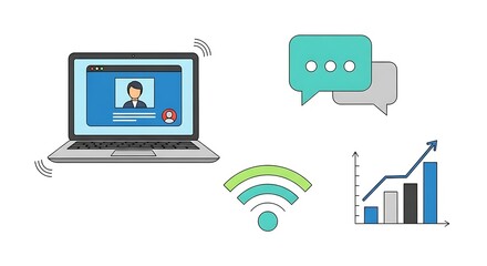 Laptop with video call, chat bubbles, WiFi signal, and growth chart icons representing online communication and business progress.