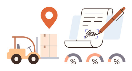 Forklift carrying packages, document signing with pen, location pinpoint, and progress charts for logistics, shipment, supply chain, delivery, planning, contract management tracking and simple flat
