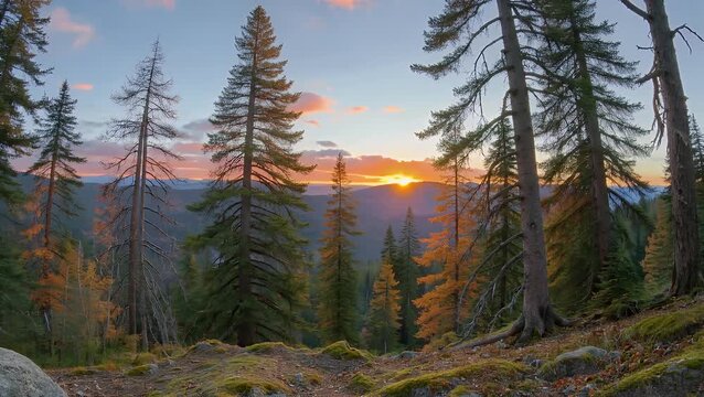 Mountain Range Illuminated by the Glow of Sunrise or Sunset in a Temperate