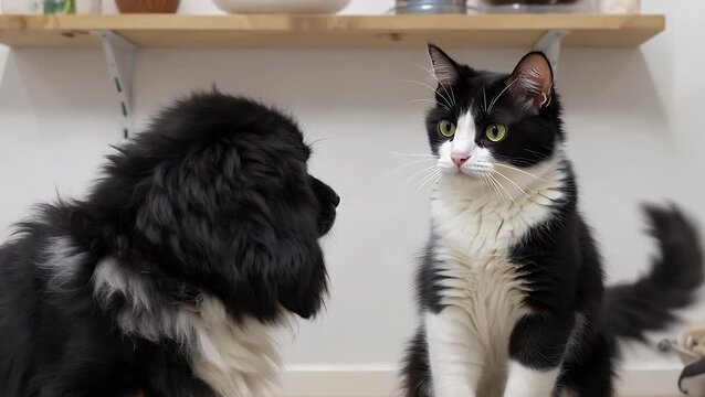 young tuxedo kitten and a fluffy black dog meeting face to face in a peaceful