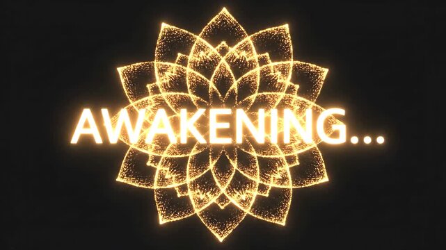 Spiritual animation with glowing 'Awakening' text over a rotating golden particle lotus mandala