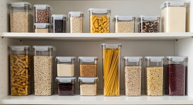 Achieving kitchen harmony with an organized pantry system, featuring dry ingredients in matching see-through jars for efficient meal preparation