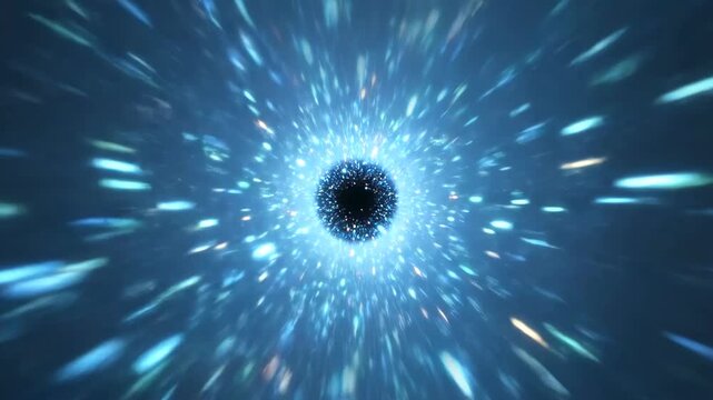 Dynamic seamless loop of a hyperspace journey through a blue light stream toward a dark cosmic singularity