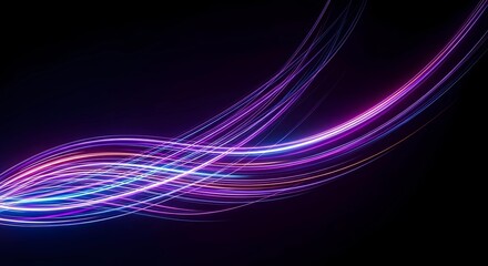 Naklejka premium Vibrant flowing neon light trails on a dark background, a futuristic abstract wave pattern illustration