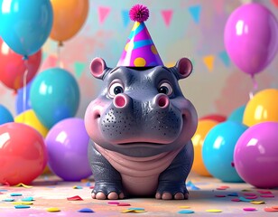 A cute, cartoon hippo wearing a party hat, surrounded by colorful balloons and confetti, celebrating a special occasion