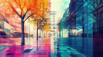 Obraz premium A colorful city street with a tree in the foreground