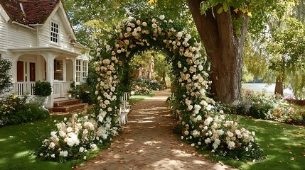 Obraz premium Garden arch decorated with cream and peach roses high resolution picture