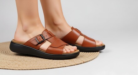 Comfortable brown leather slide sandals with adjustable buckle for women, perfect for casual wear and summer outings