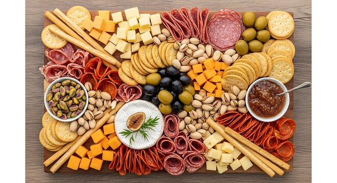 Delicious Charcuterie Board with Various Cheeses, Meats, Crackers, and Snacks on Wooden Surface