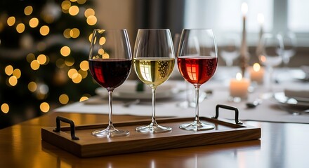 Elegant wine tasting flight with red, white, and rosé glasses set on a tray for a festive Christmas holiday dinner party