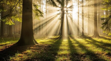 Obraz premium Sunlight streams through the trees in a lush green forest, illuminating the forest floor with golden rays amazon