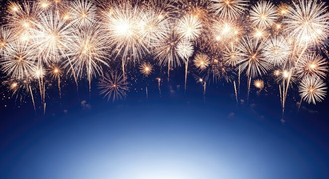 Bright fireworks exploding in the night sky over a dark blue gradient background amazon