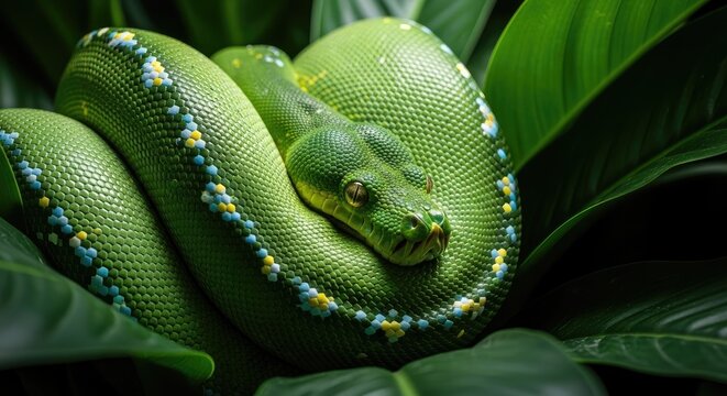 Vibrant green tree python coiled amidst lush tropical foliage, showcasing intricate scales and patterns amazon