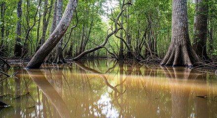 Naklejka premium Mangrove forest with calm water reflecting the trees and sky on a bright day amazon