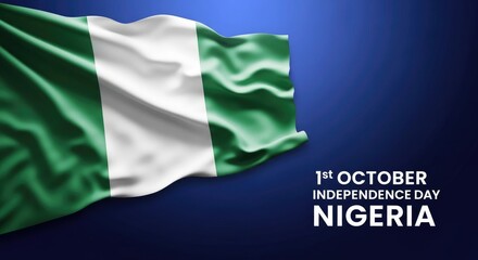 Obraz premium Nigerian flag waving on a dark blue background with text for independence day