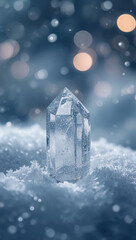 大粒のボケライトが柔らかく揺れる夜の空気を演出し前景の大きな氷結晶が象徴的に輝く年末年始キャンペーン向け縦型背景. 生成AI