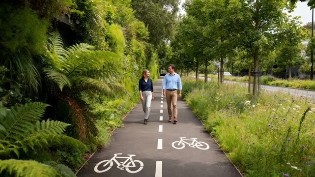 Landscape designers walk through a lush green corridor with bike lanes and native plants promoting sustainable urban connectivity.