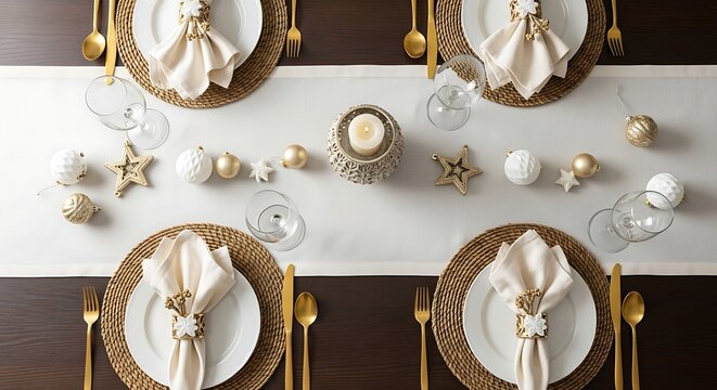Top view of an elegant Christmas dinner table setting with golden cutlery, white plates, and festive star decorations on a dark wood background