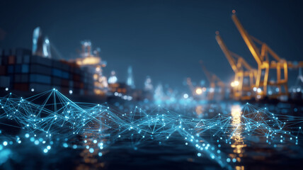 Maritime logistics network visualizing smart ports, real time tracking and ocean supply chain connectivity.
