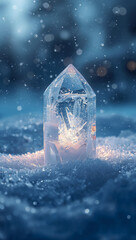 透明な氷の内部に走る線が精巧なテクスチャを描きボケ光が奥行きを担保するデザイン用途特化のクリスマス背景. 生成AI