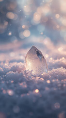 雪原に横たわる白の静けさを受け止め大きな氷結晶が透き通る光を放ち背後の冬ボケが祝祭の気配を柔らかく重ねる縦構図の背景. 生成AI