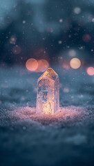 静謐な雪の平面上で氷結晶が星のように光り背景の淡い玉ボケがやさしく包み込む年末のキャンペーンに適した背景. 生成AI