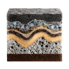 Detailed cross section reveals layered geological strata with diverse textures and geological formations, showcasing earth's intricate subsurface structure