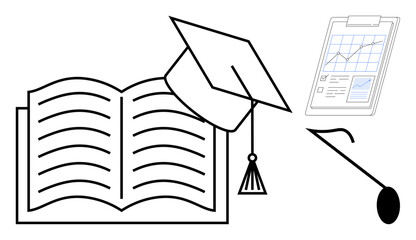 Open book with graduation cap, growth chart clipboard, and magnifying glass symbolizing knowledge, learning, achievement, academics, career progress, research, strategy simple flat metaphor