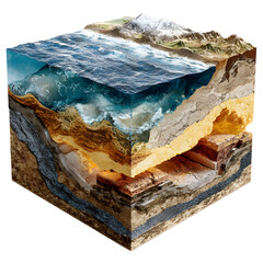 Explore the Earth's stunning cross-section revealing geological layers, ocean waves, and majestic mountains in a detailed natural science depiction.
