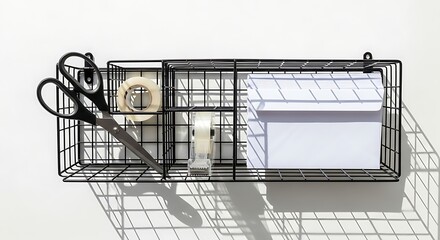 Overhead View of Black Wire Storage Shelf with Stationery Against White Backdrop