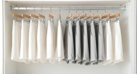 Wardrobe organization neatly hung white and grey garments on wooden hangers in a closet
