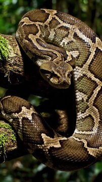 A large python snake coiled on a tree branch in the jungle.