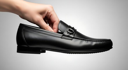 Man's Hand Placing Shoe on Gray Background